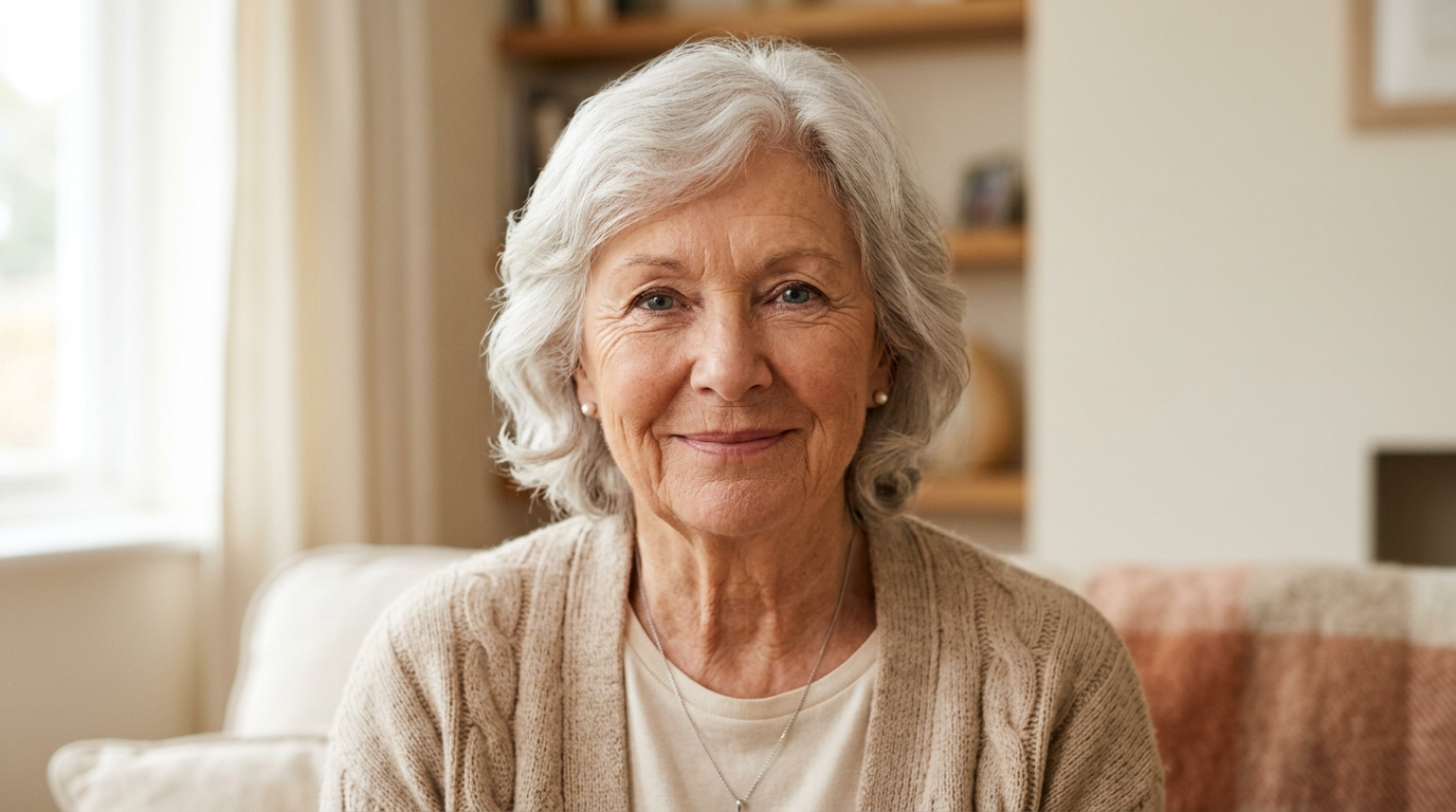 Warm studio portrait of a dignified elder grandmother with a gentle smile — the anchor photo for her memorial.