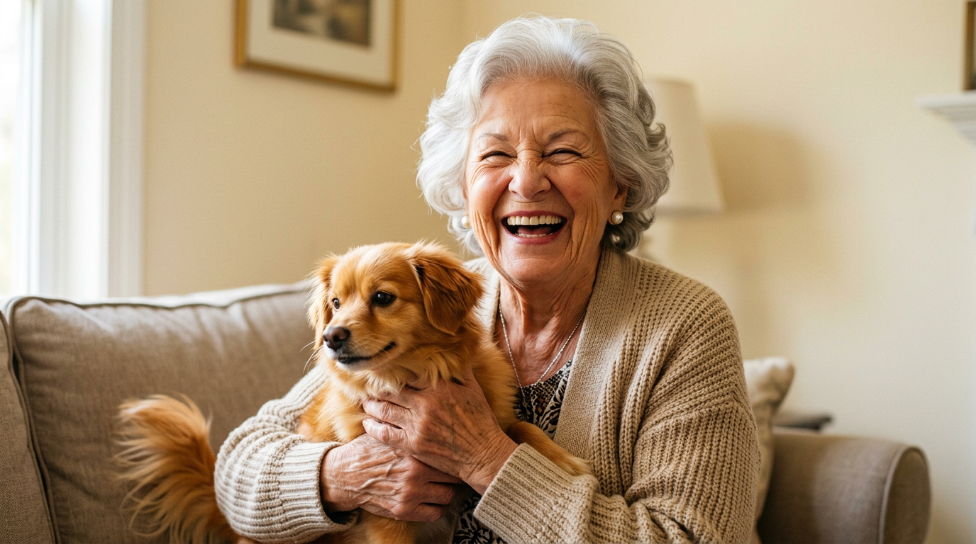 Grandma in a straw hat, laughing with a bright sunflower — a vibrant hobby moment.