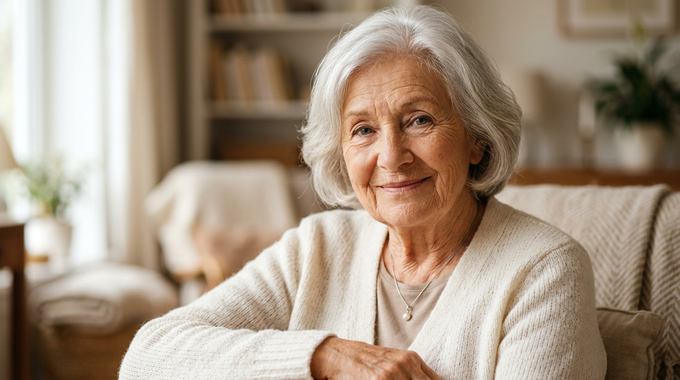 Playful birthday snapshot — grandma flashing a peace sign, slightly soft like a phone photo.